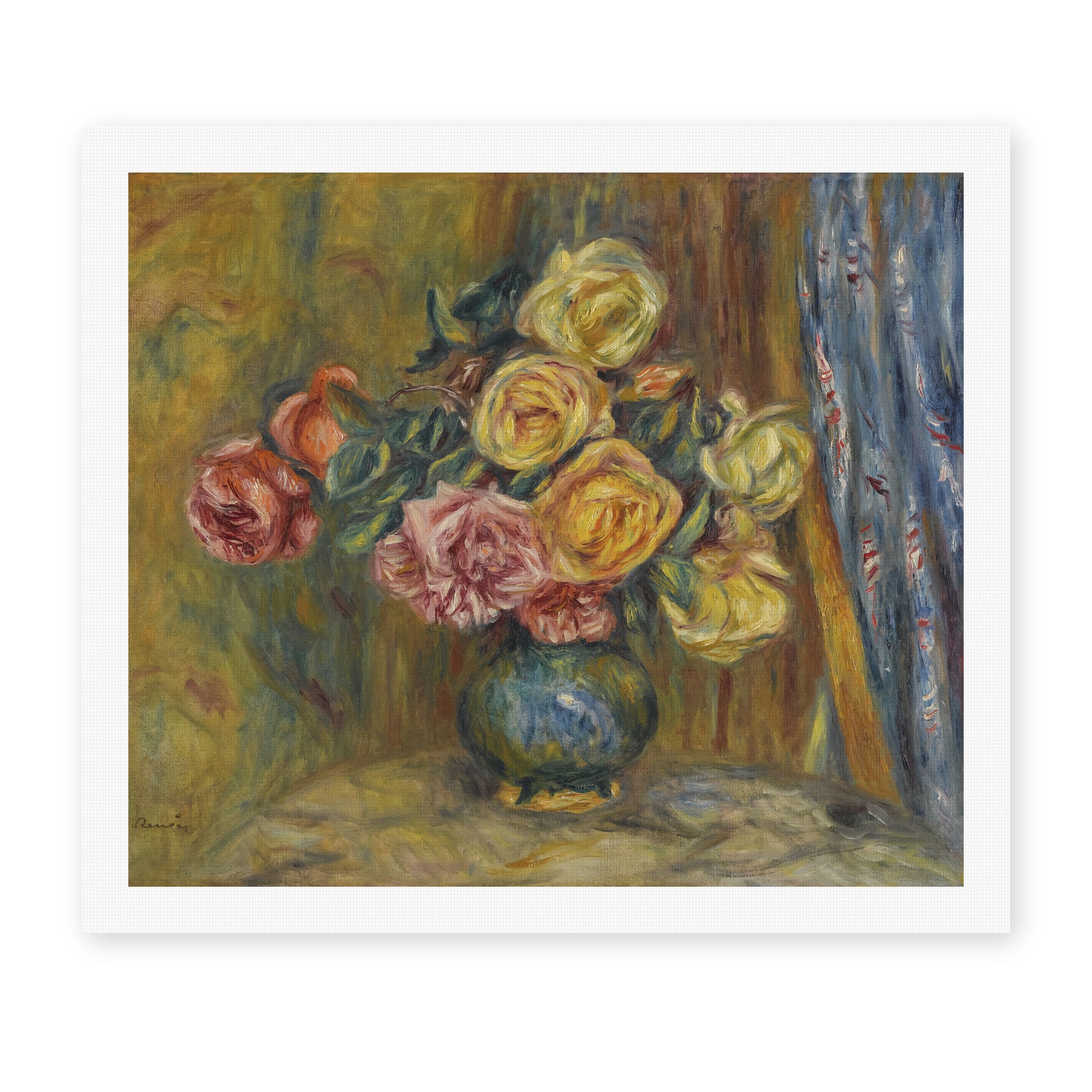 Pierre-Auguste Renoir's 'Roses in front of a blue curtain' painting reproduced as a rolled canvas print