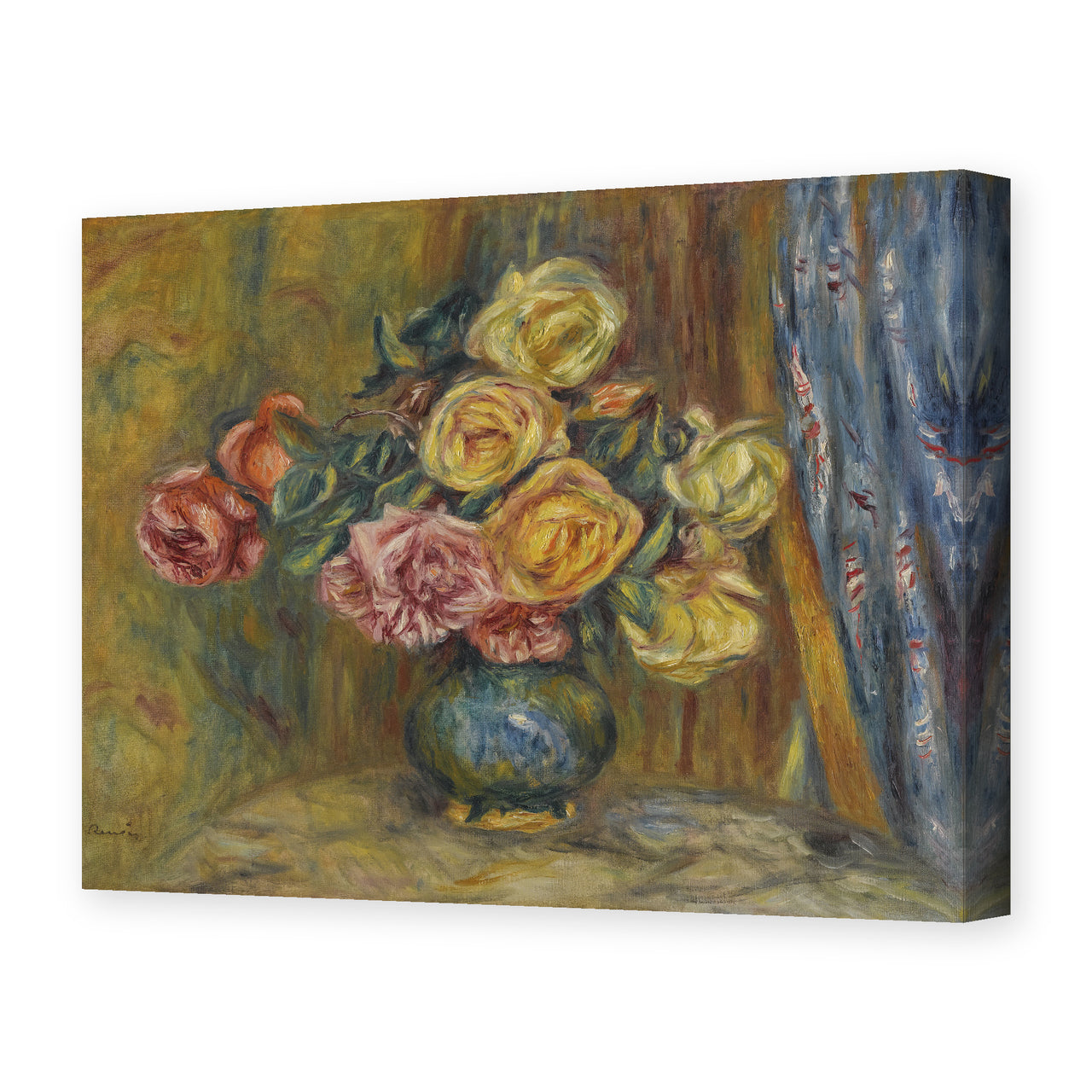 Pierre-Auguste Renoir's 'Roses in front of a blue curtain' painting reproduced as a gallery-wrapped canvas print