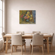 Gallery-wrapped canvas print of Pierre-Auguste Renoir's Roses in front of a blue curtain displayed on a wall in a dining room