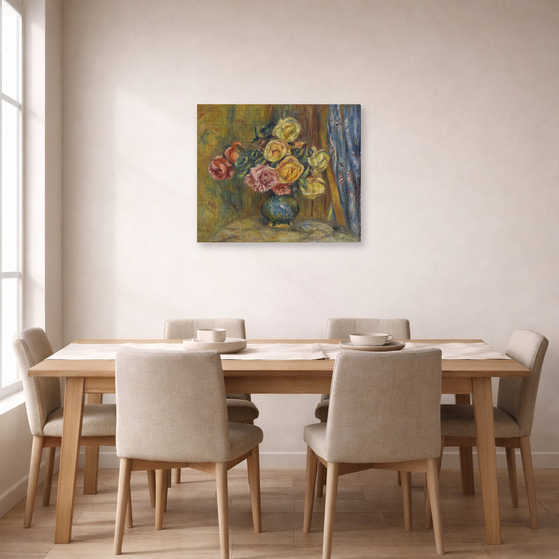 Gallery-wrapped canvas print of Pierre-Auguste Renoir's Roses in front of a blue curtain displayed on a wall in a dining room