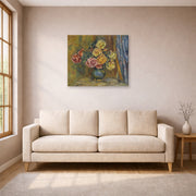 Gallery-wrapped canvas print of Pierre-Auguste Renoir's Roses in front of a blue curtain displayed on a wall in a living room
