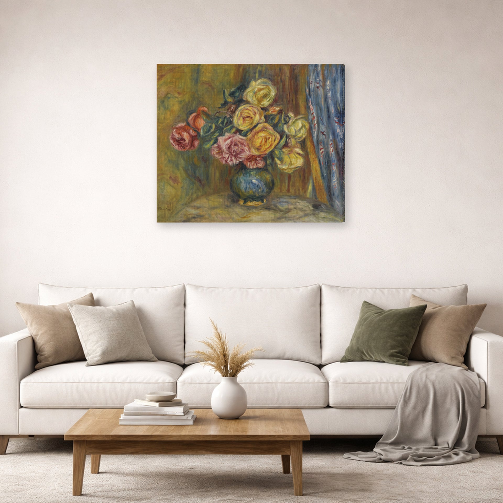 Gallery-wrapped canvas print of Pierre-Auguste Renoir's Roses in front of a blue curtain displayed on a wall in a living room