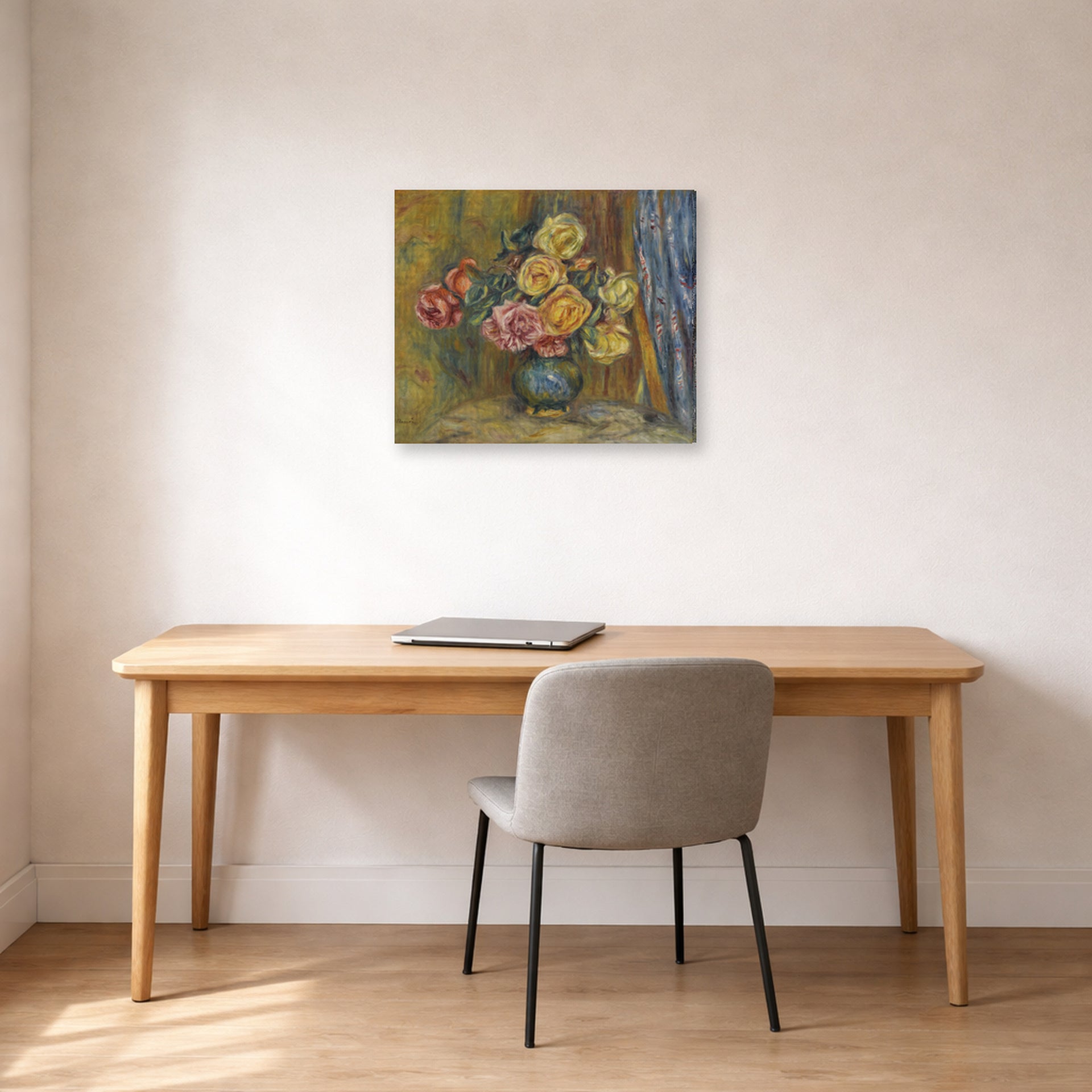 Gallery-wrapped canvas print of Pierre-Auguste Renoir's Roses in front of a blue curtain displayed on a wall in an office