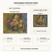 Pierre-Auguste Renoir - Roses in front of a blue curtain poster print size comparison and framing display infographic