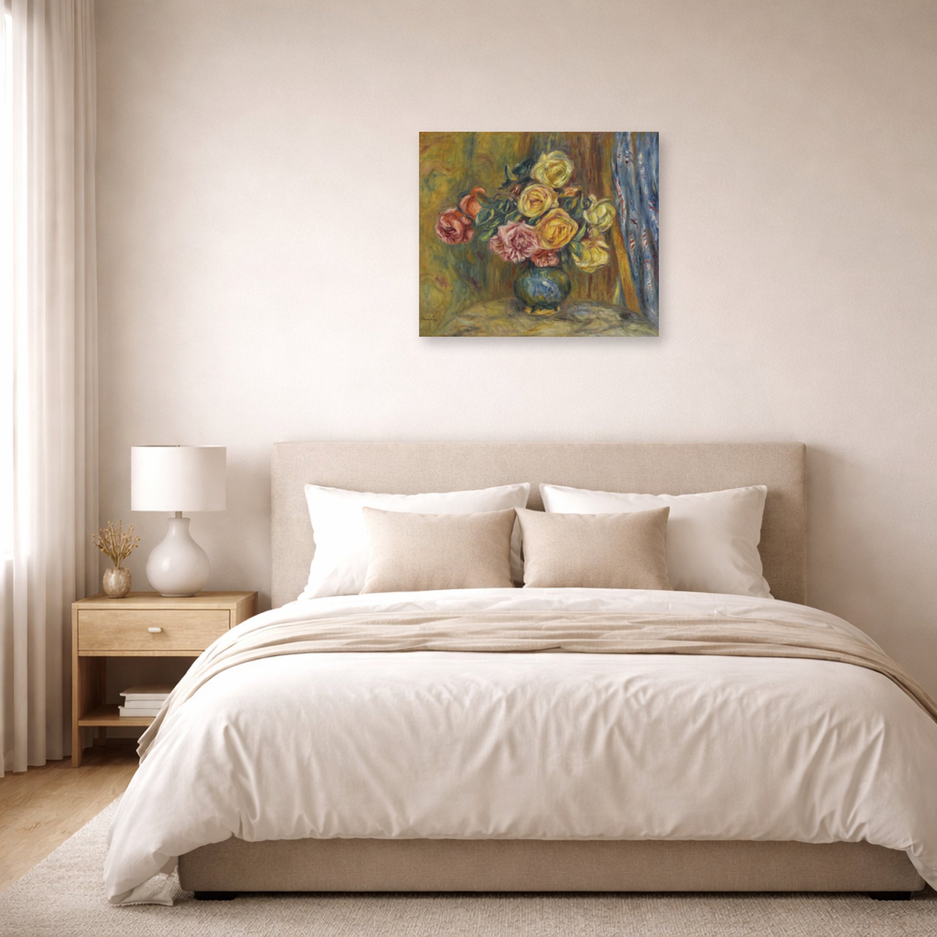 Unframed poster print of Pierre-Auguste Renoir's Roses in front of a blue curtain displayed on a wall in a bedroom