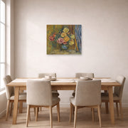 Unframed poster print of Pierre-Auguste Renoir's Roses in front of a blue curtain displayed on a wall in a dining room