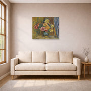 Unframed poster print of Pierre-Auguste Renoir's Roses in front of a blue curtain displayed on a wall in a living room