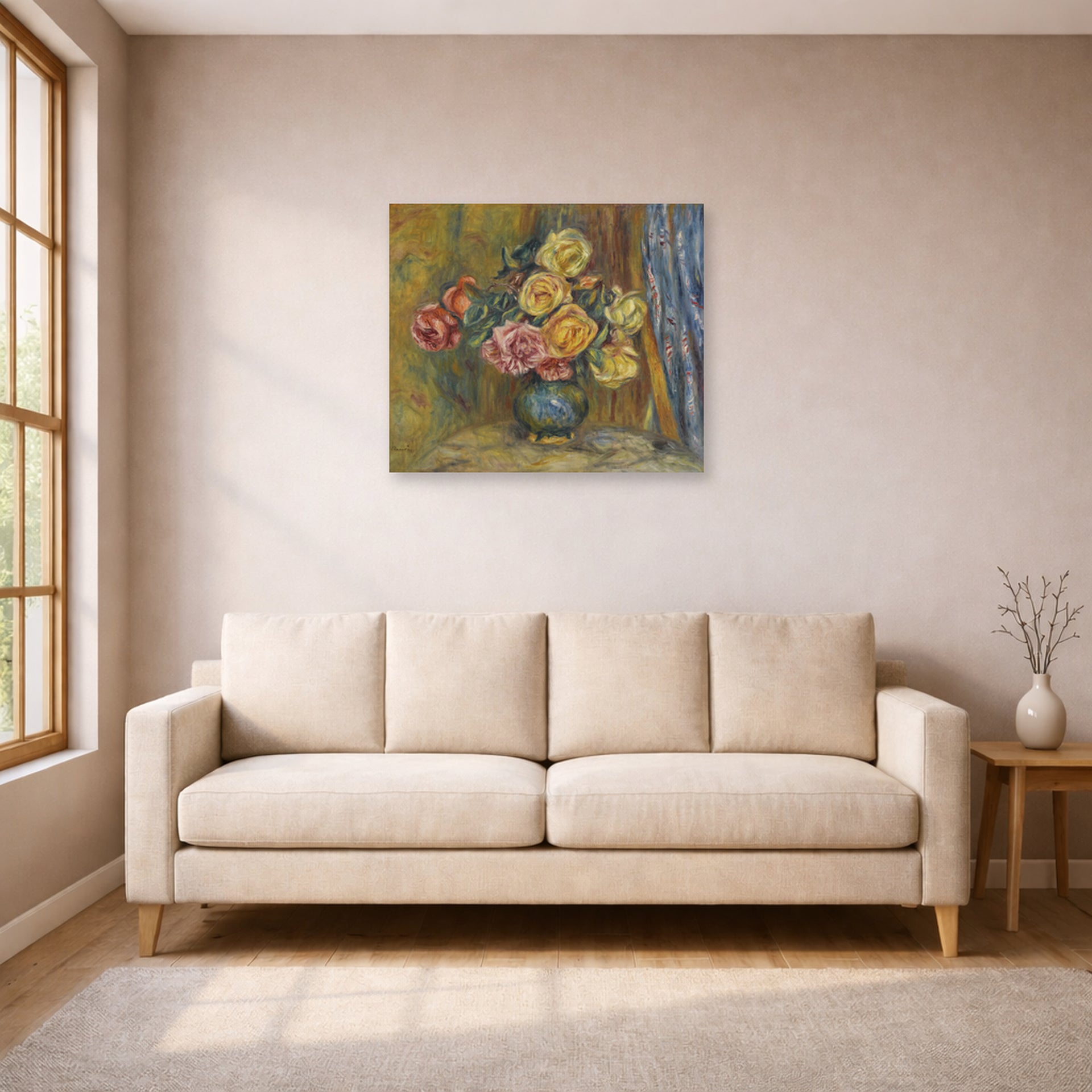Unframed poster print of Pierre-Auguste Renoir's Roses in front of a blue curtain displayed on a wall in a living room