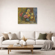 Unframed poster print of Pierre-Auguste Renoir's Roses in front of a blue curtain displayed on a wall in a living room