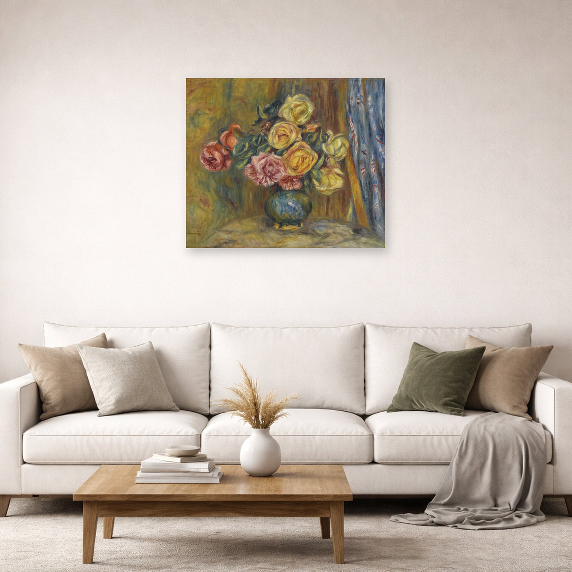 Unframed poster print of Pierre-Auguste Renoir's Roses in front of a blue curtain displayed on a wall in a living room