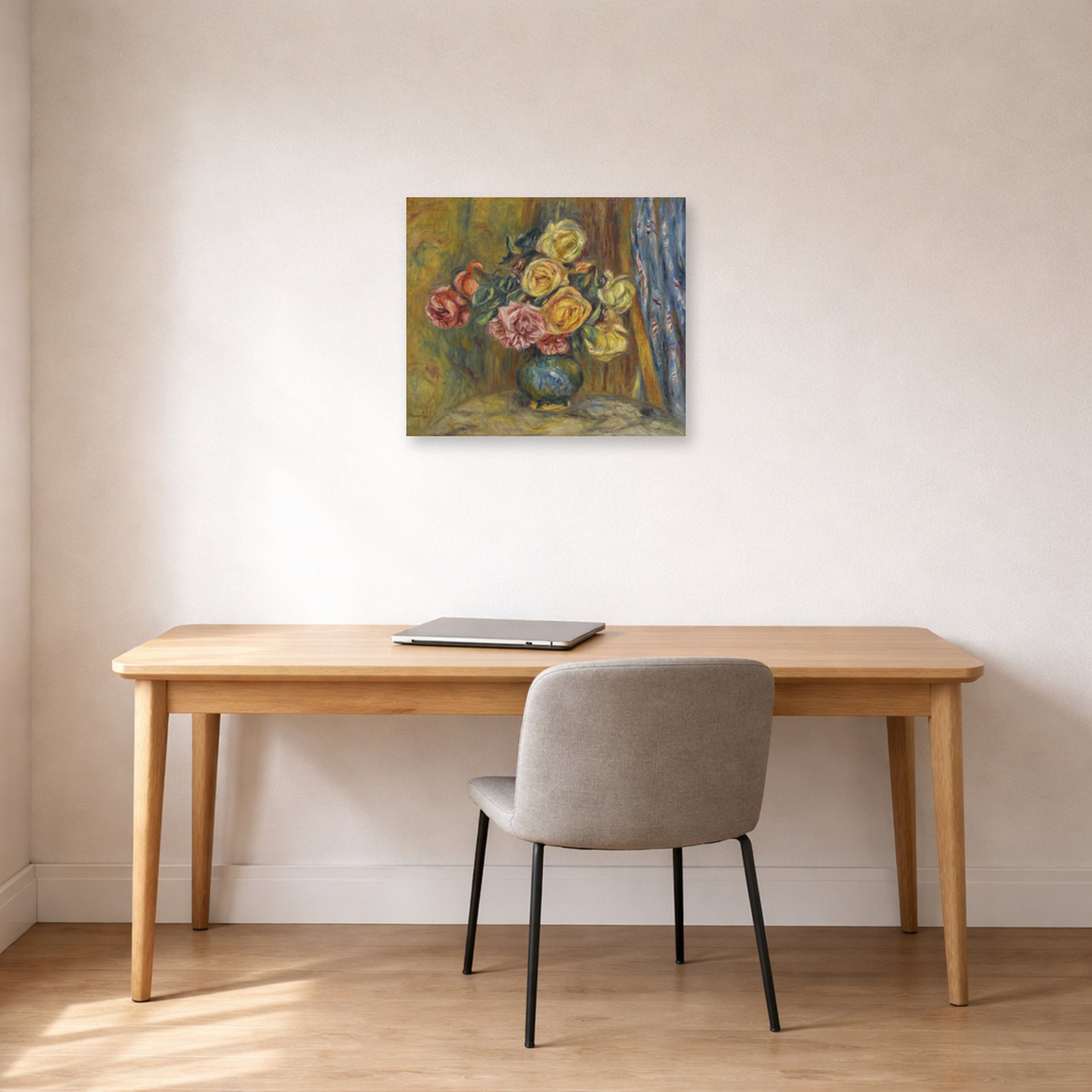Unframed poster print of Pierre-Auguste Renoir's Roses in front of a blue curtain displayed on a wall in an office
