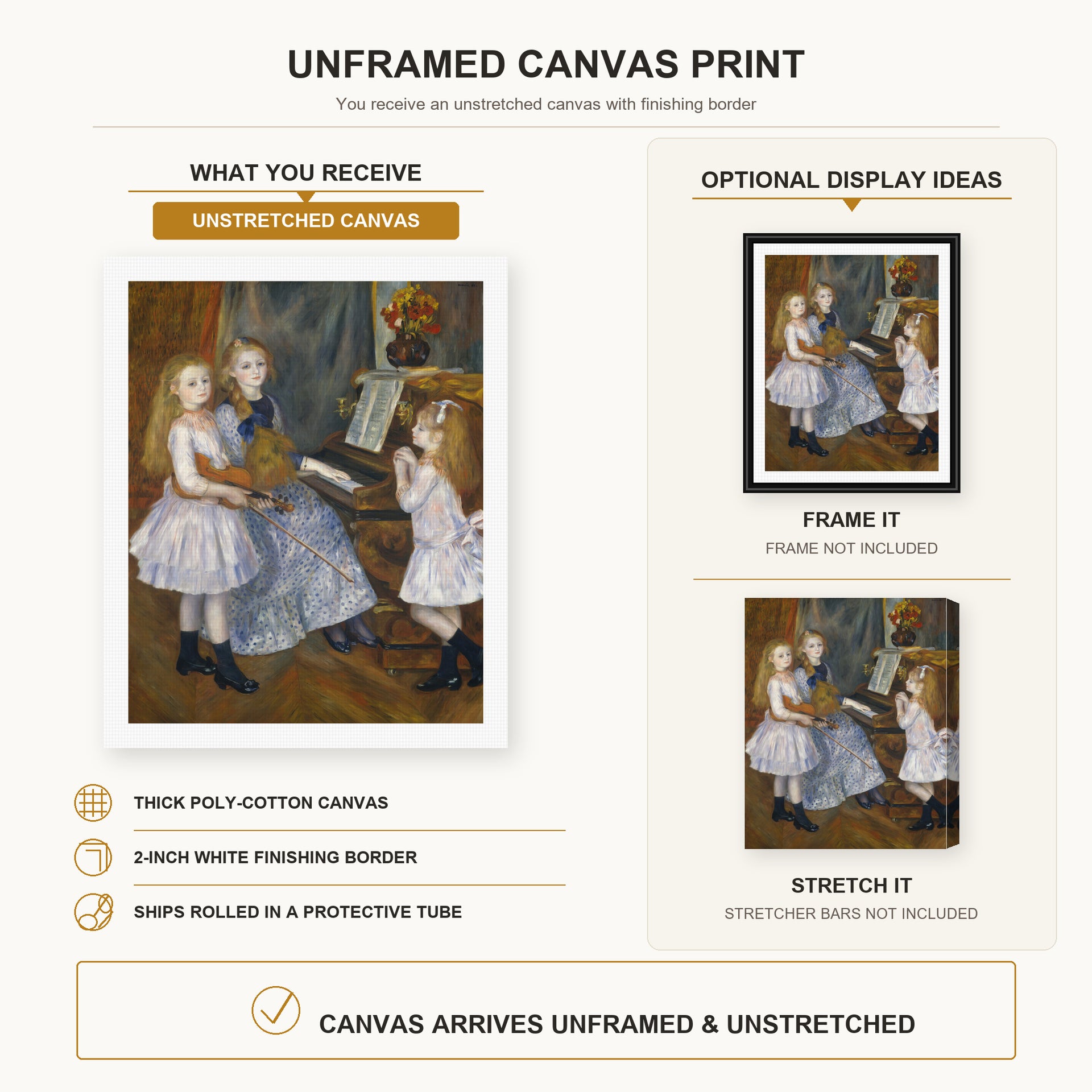 Pierre-Auguste Renoir - The Daughters of Catulle Mendès canvas print size comparison and framing display infographic