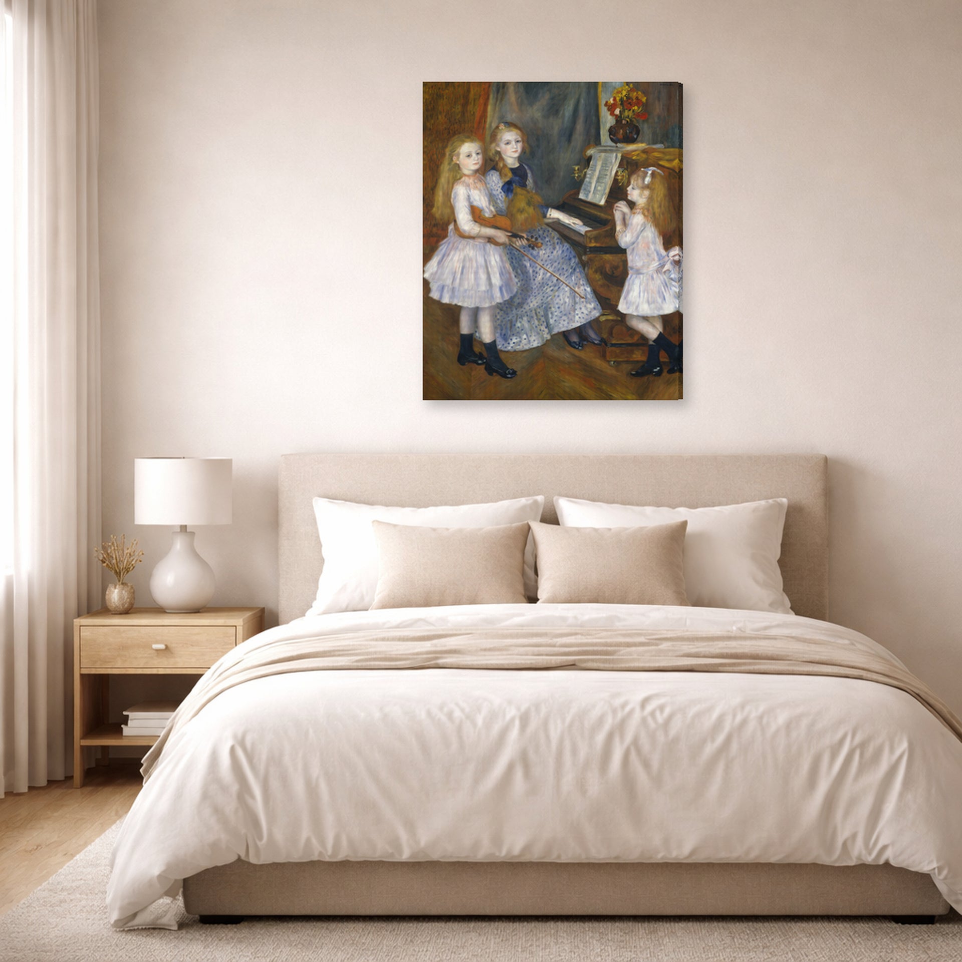 Gallery-wrapped canvas print of Pierre-Auguste Renoir's The Daughters of Catulle Mendès displayed on a wall in a bedroom