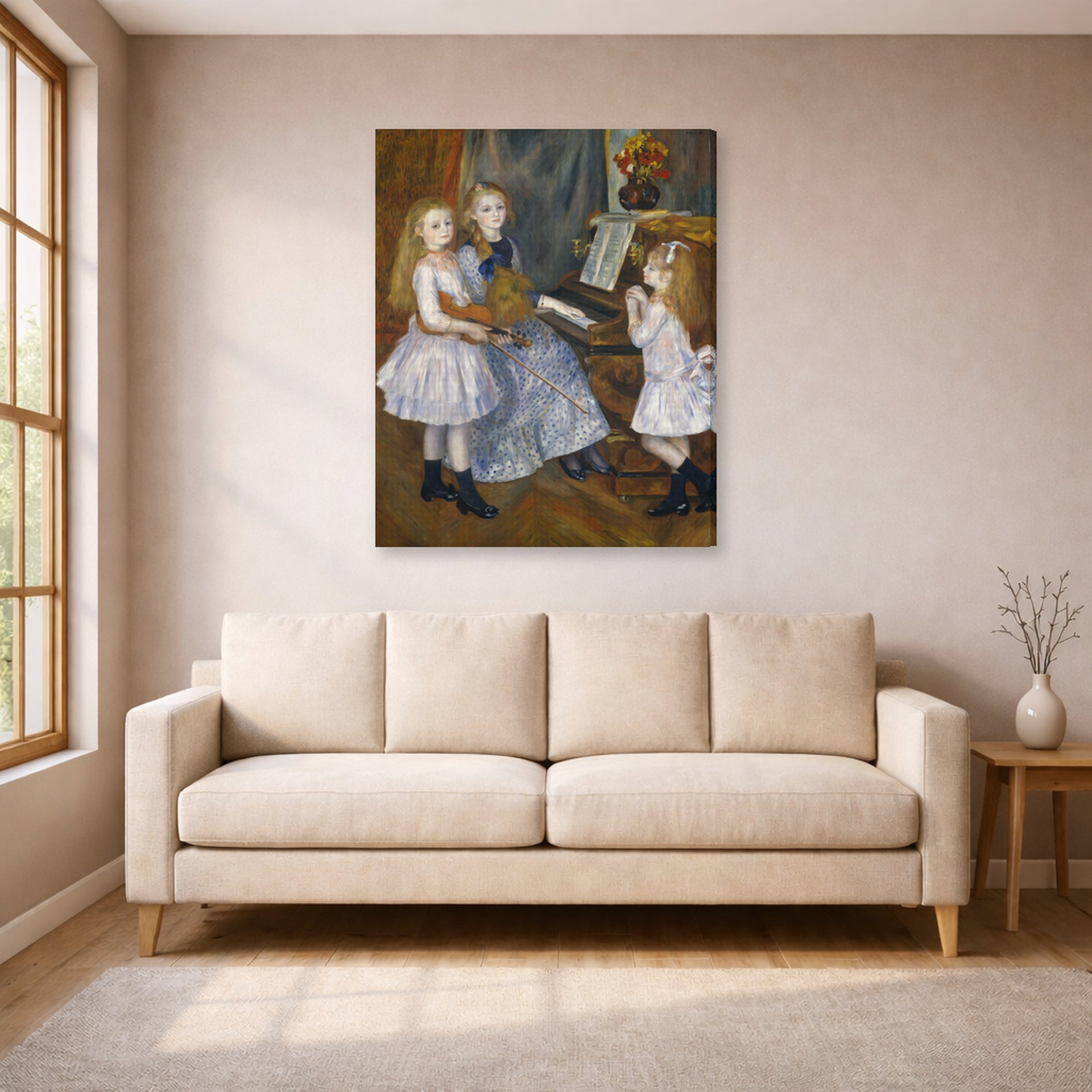 Gallery-wrapped canvas print of Pierre-Auguste Renoir's The Daughters of Catulle Mendès displayed on a wall in a living room