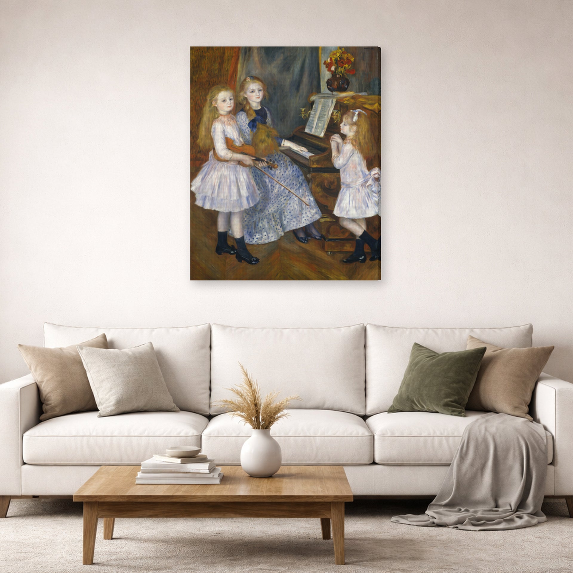 Gallery-wrapped canvas print of Pierre-Auguste Renoir's The Daughters of Catulle Mendès displayed on a wall in a living room