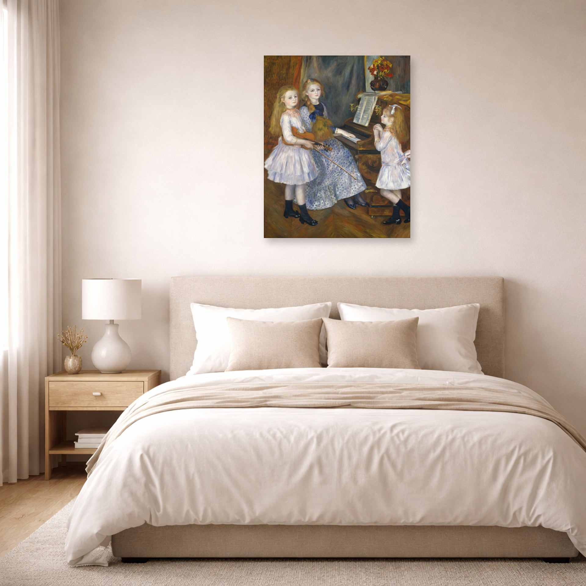 Unframed poster print of Pierre-Auguste Renoir's The Daughters of Catulle Mendès displayed on a wall in a bedroom