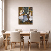 Unframed poster print of Pierre-Auguste Renoir's The Daughters of Catulle Mendès displayed on a wall in a dining room