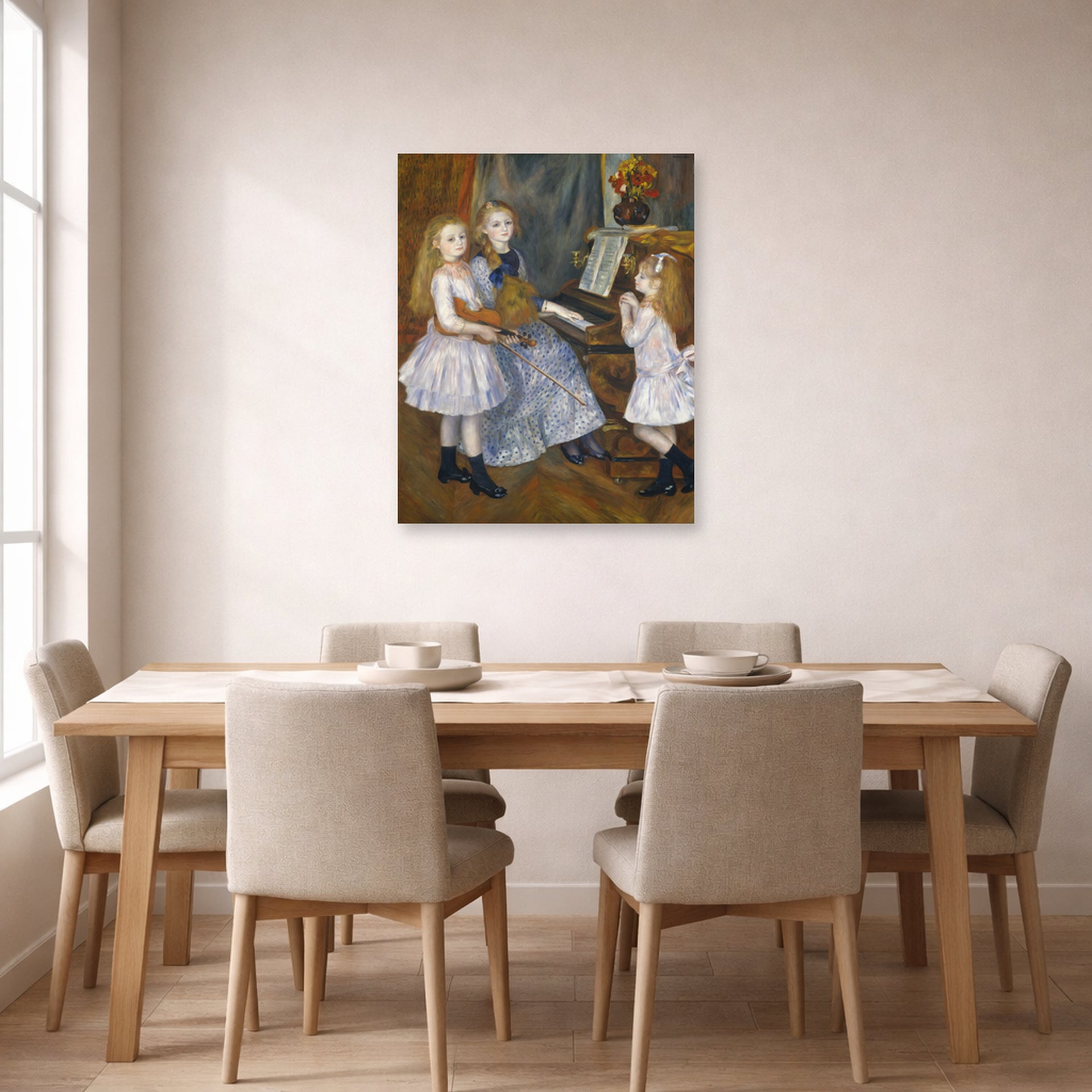 Unframed poster print of Pierre-Auguste Renoir's The Daughters of Catulle Mendès displayed on a wall in a dining room
