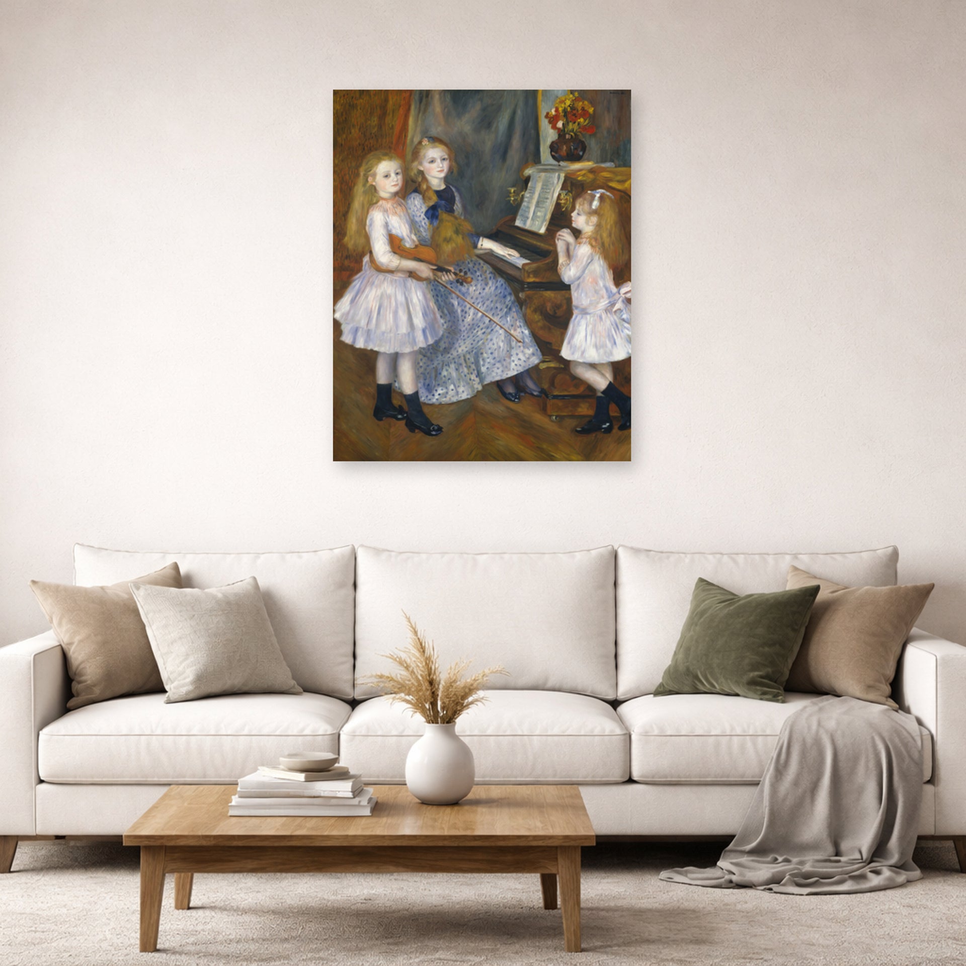Unframed poster print of Pierre-Auguste Renoir's The Daughters of Catulle Mendès displayed on a wall in a living room
