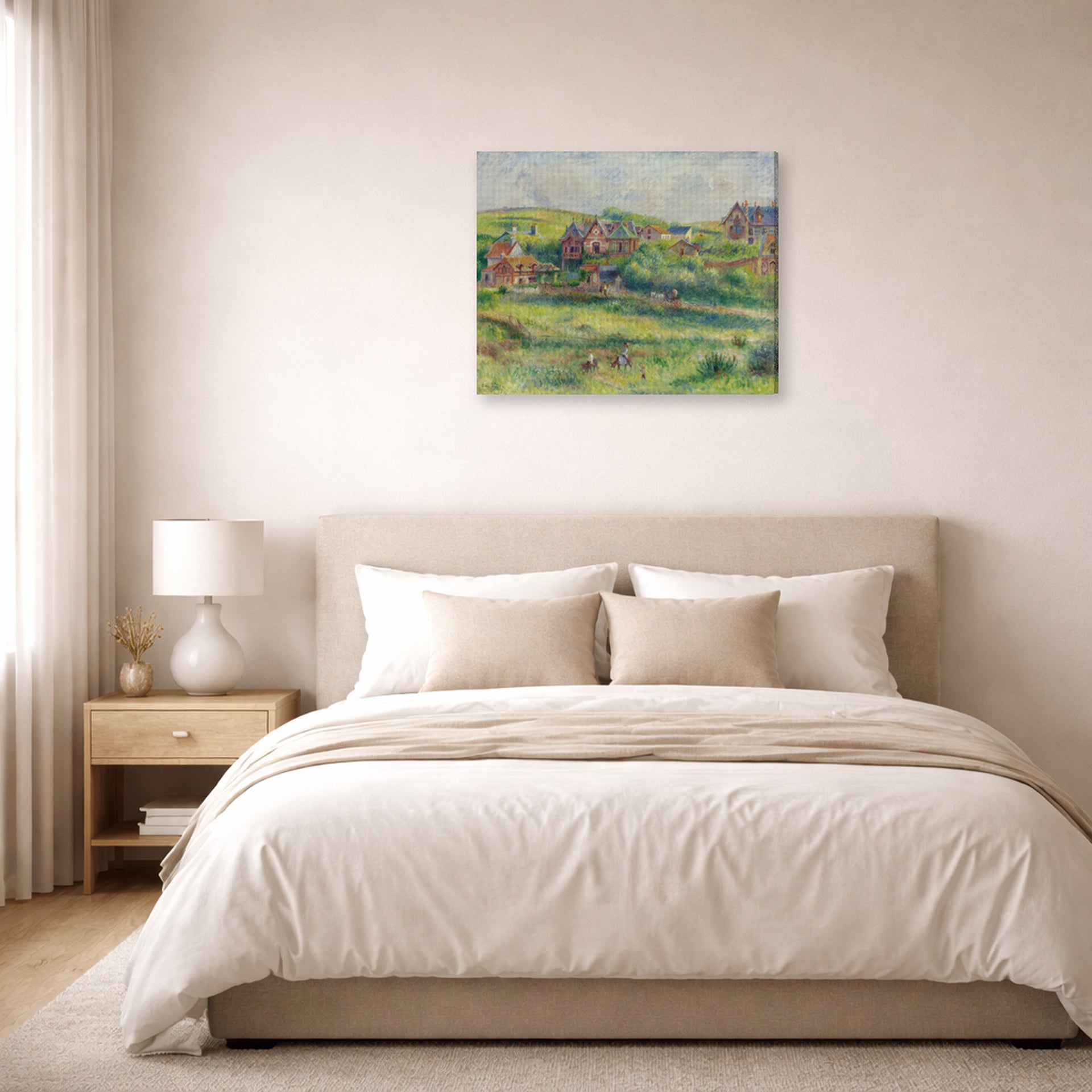 Gallery-wrapped canvas print of Pierre-Auguste Renoir's The House of Blanche Pierson, Pourville displayed on a wall in a bedroom