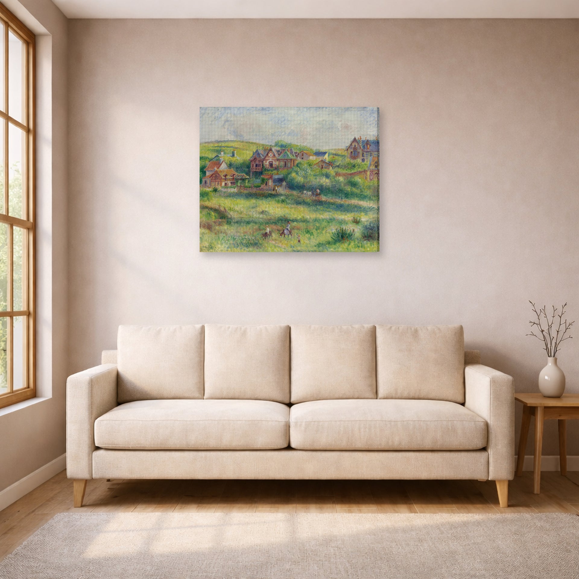 Gallery-wrapped canvas print of Pierre-Auguste Renoir's The House of Blanche Pierson, Pourville displayed on a wall in a living room