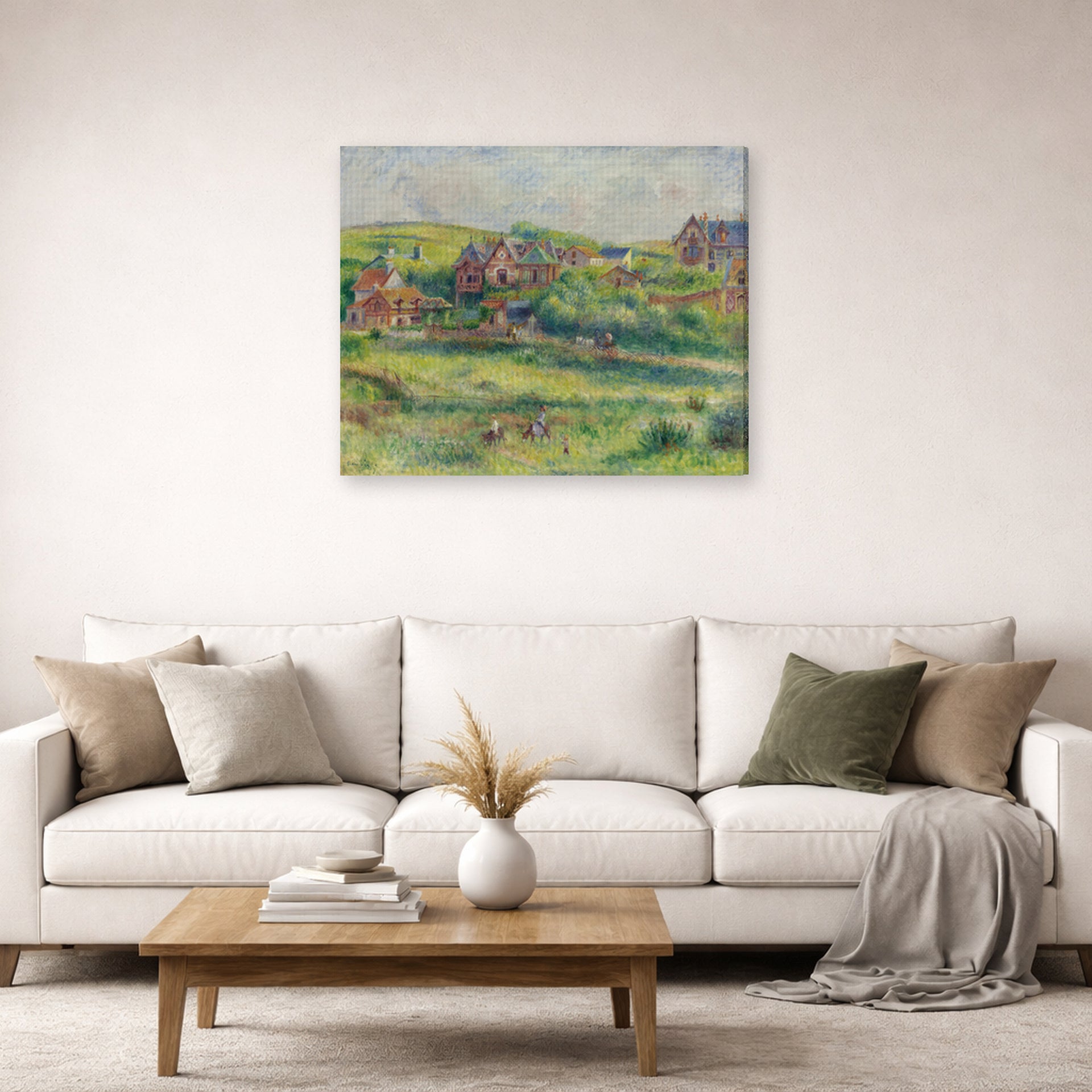 Gallery-wrapped canvas print of Pierre-Auguste Renoir's The House of Blanche Pierson, Pourville displayed on a wall in a living room
