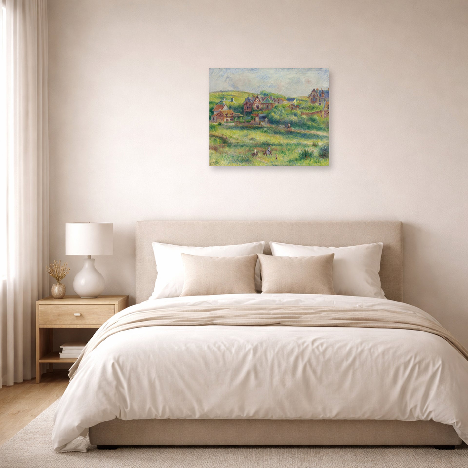 Unframed poster print of Pierre-Auguste Renoir's The House of Blanche Pierson, Pourville displayed on a wall in a bedroom