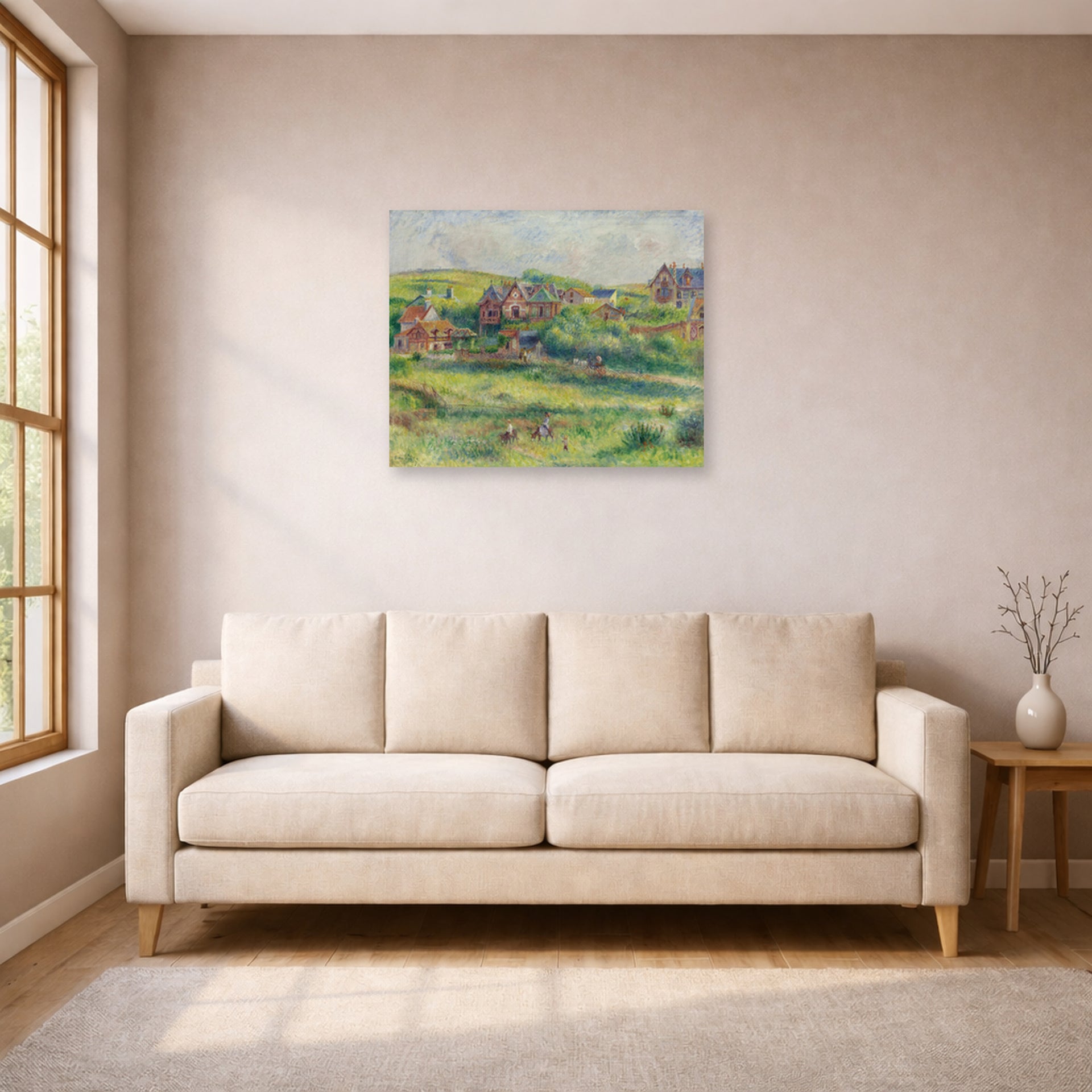 Unframed poster print of Pierre-Auguste Renoir's The House of Blanche Pierson, Pourville displayed on a wall in a living room
