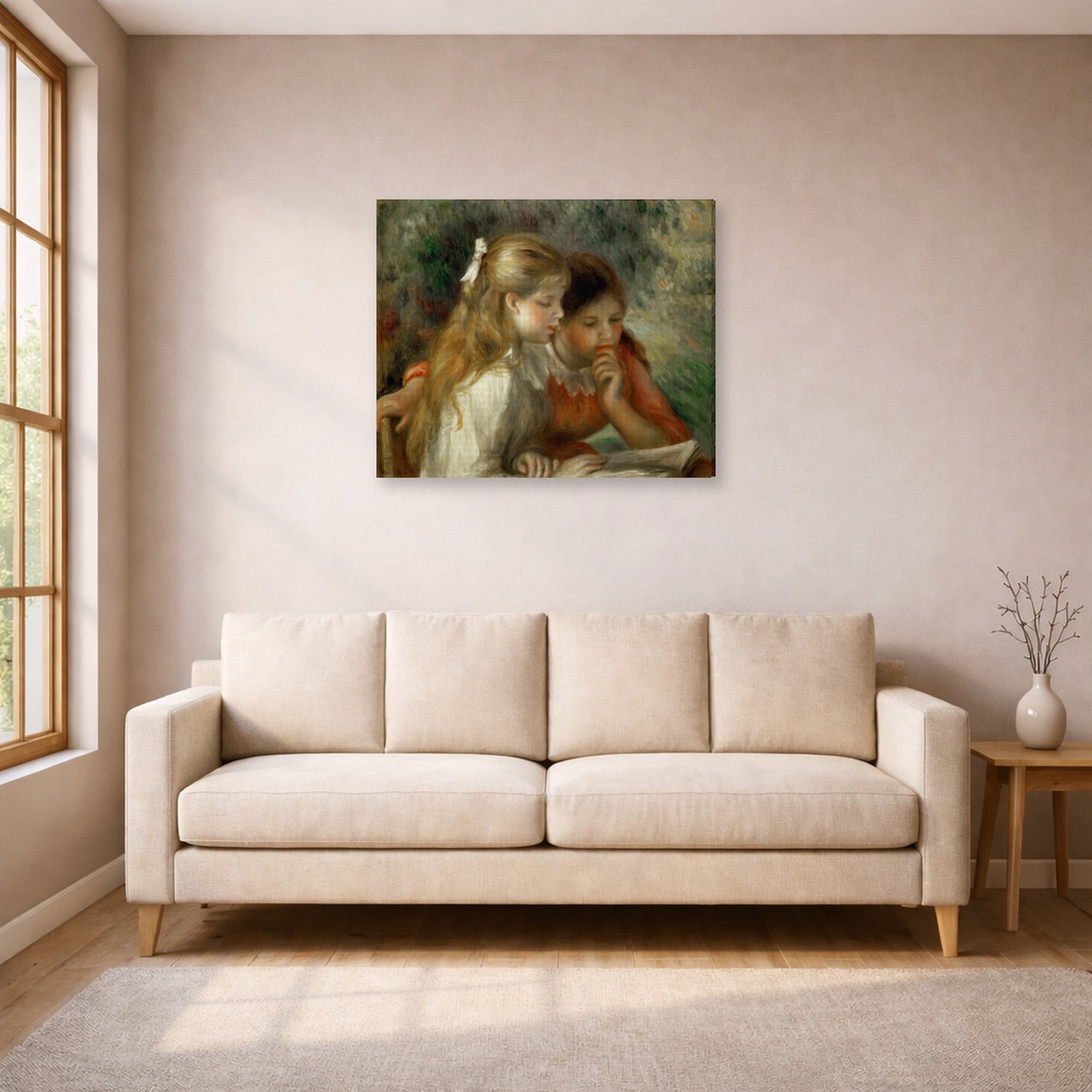 Gallery-wrapped canvas print of Pierre-Auguste Renoir's The Reading displayed on a wall in a living room