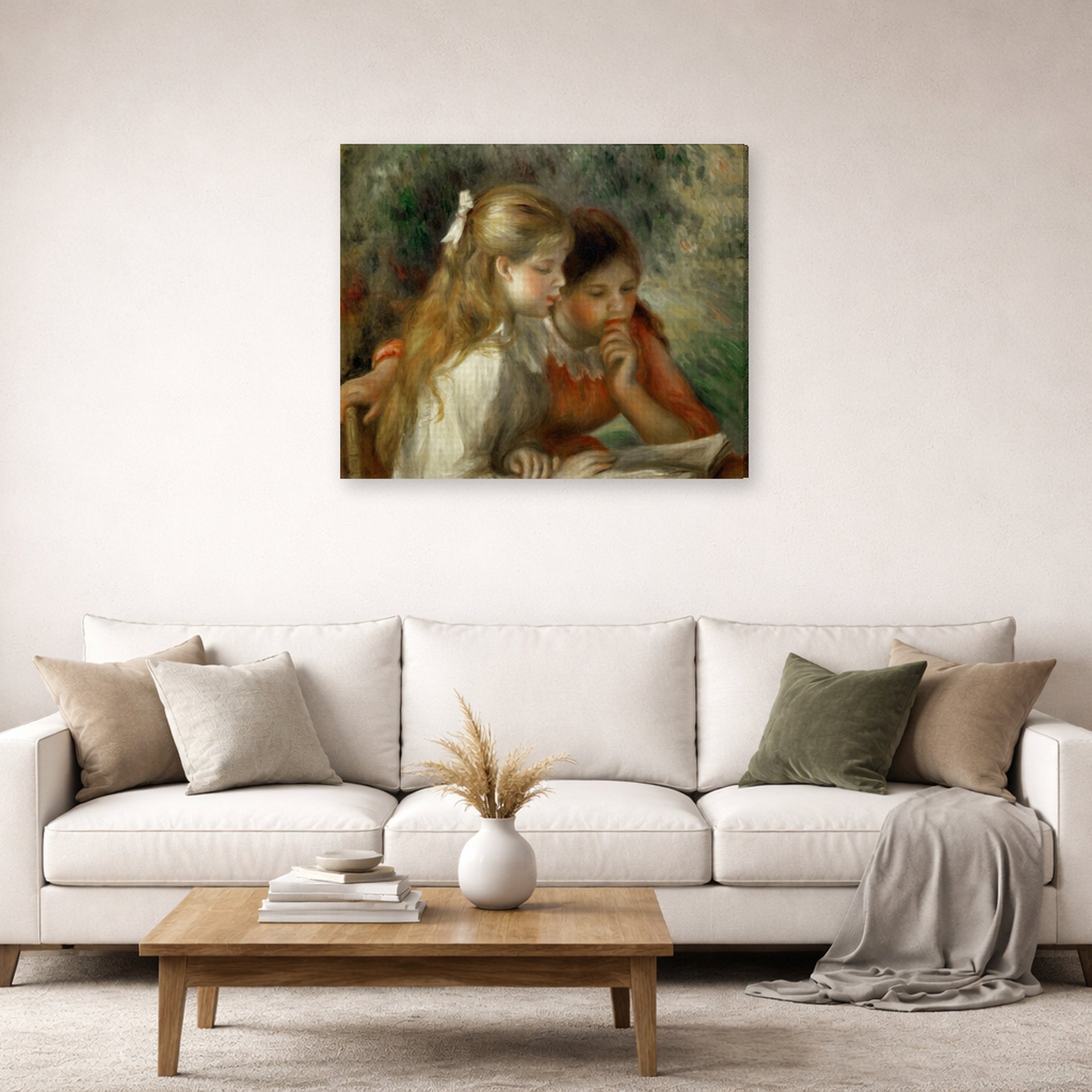 Gallery-wrapped canvas print of Pierre-Auguste Renoir's The Reading displayed on a wall in a living room
