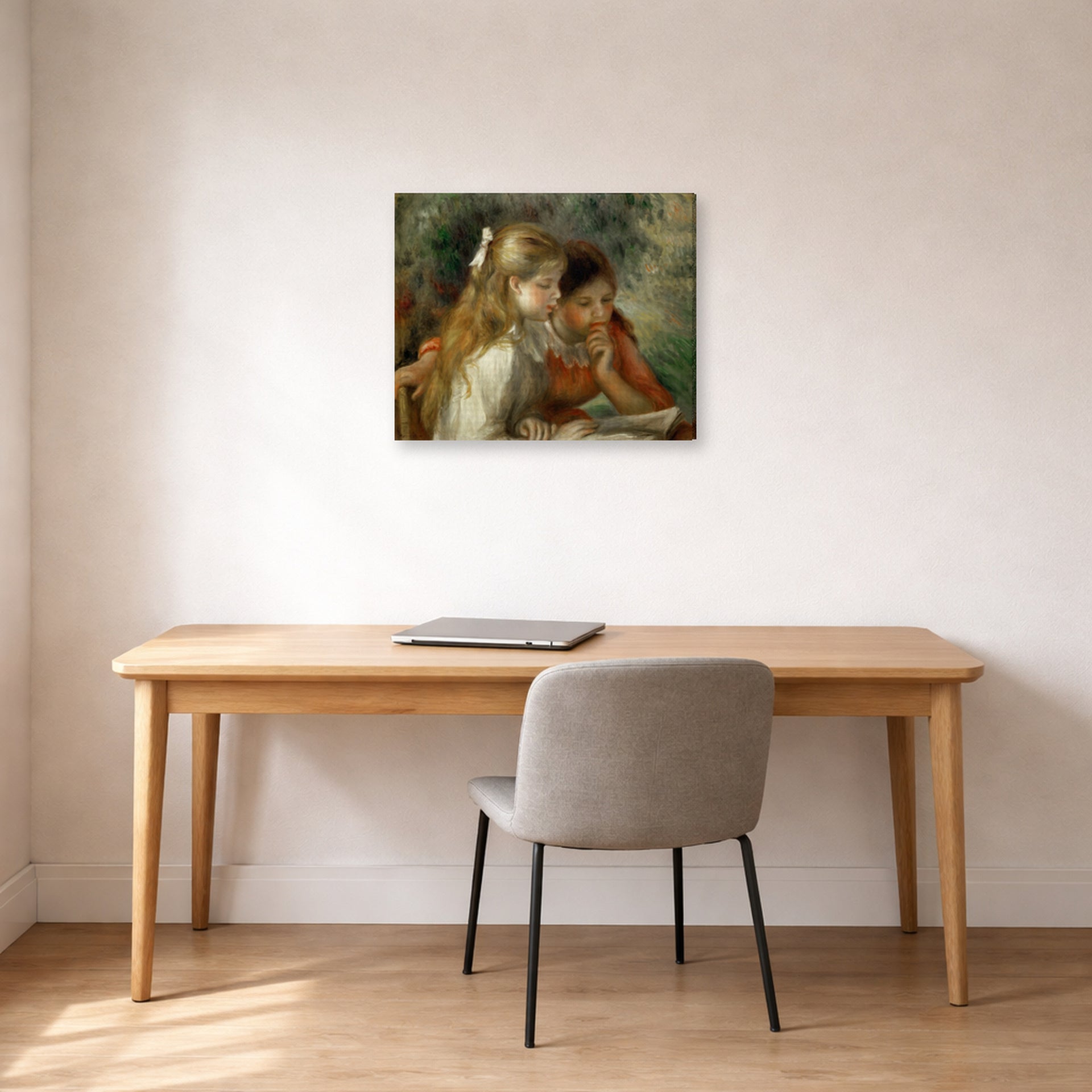 Gallery-wrapped canvas print of Pierre-Auguste Renoir's The Reading displayed on a wall in an office