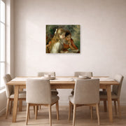 Unframed poster print of Pierre-Auguste Renoir's The Reading displayed on a wall in a dining room
