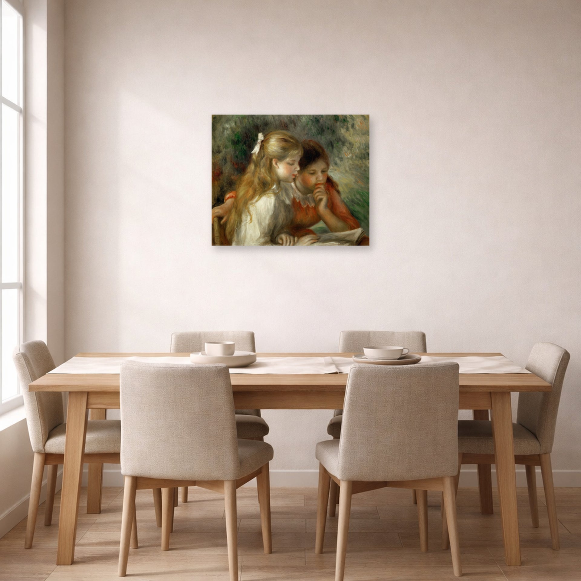 Unframed poster print of Pierre-Auguste Renoir's The Reading displayed on a wall in a dining room