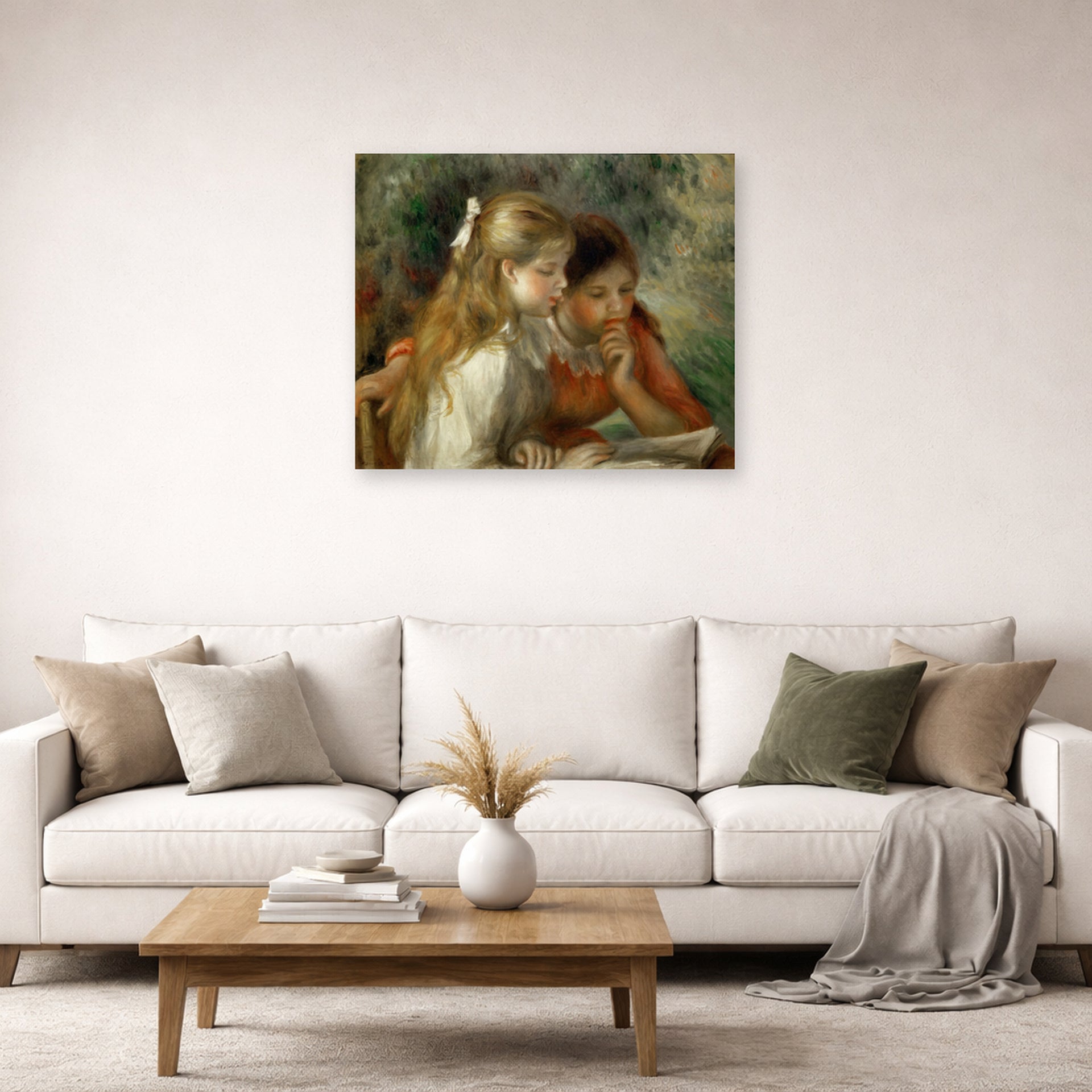 Unframed poster print of Pierre-Auguste Renoir's The Reading displayed on a wall in a living room