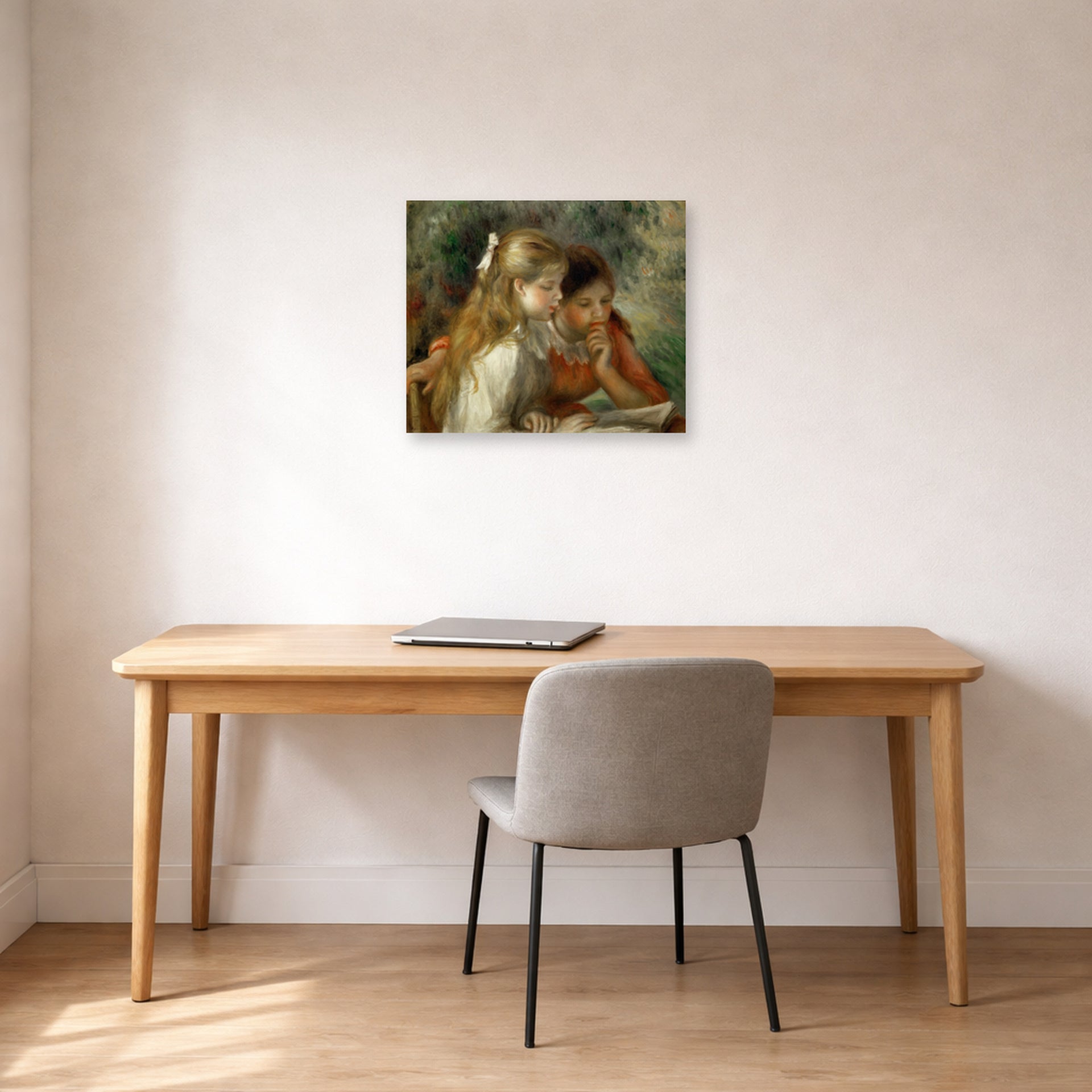 Unframed poster print of Pierre-Auguste Renoir's The Reading displayed on a wall in an office