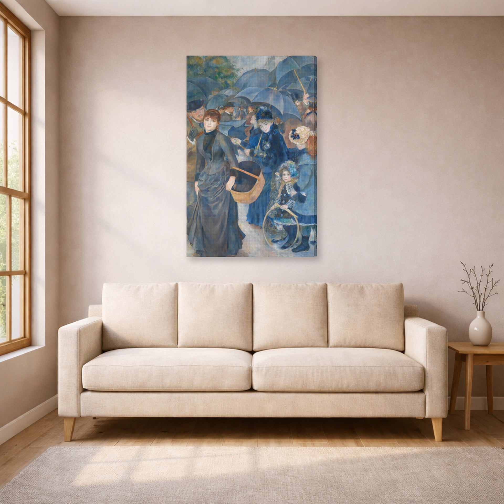 Gallery-wrapped canvas print of Pierre-Auguste Renoir's The Umbrellas displayed on a wall in a living room