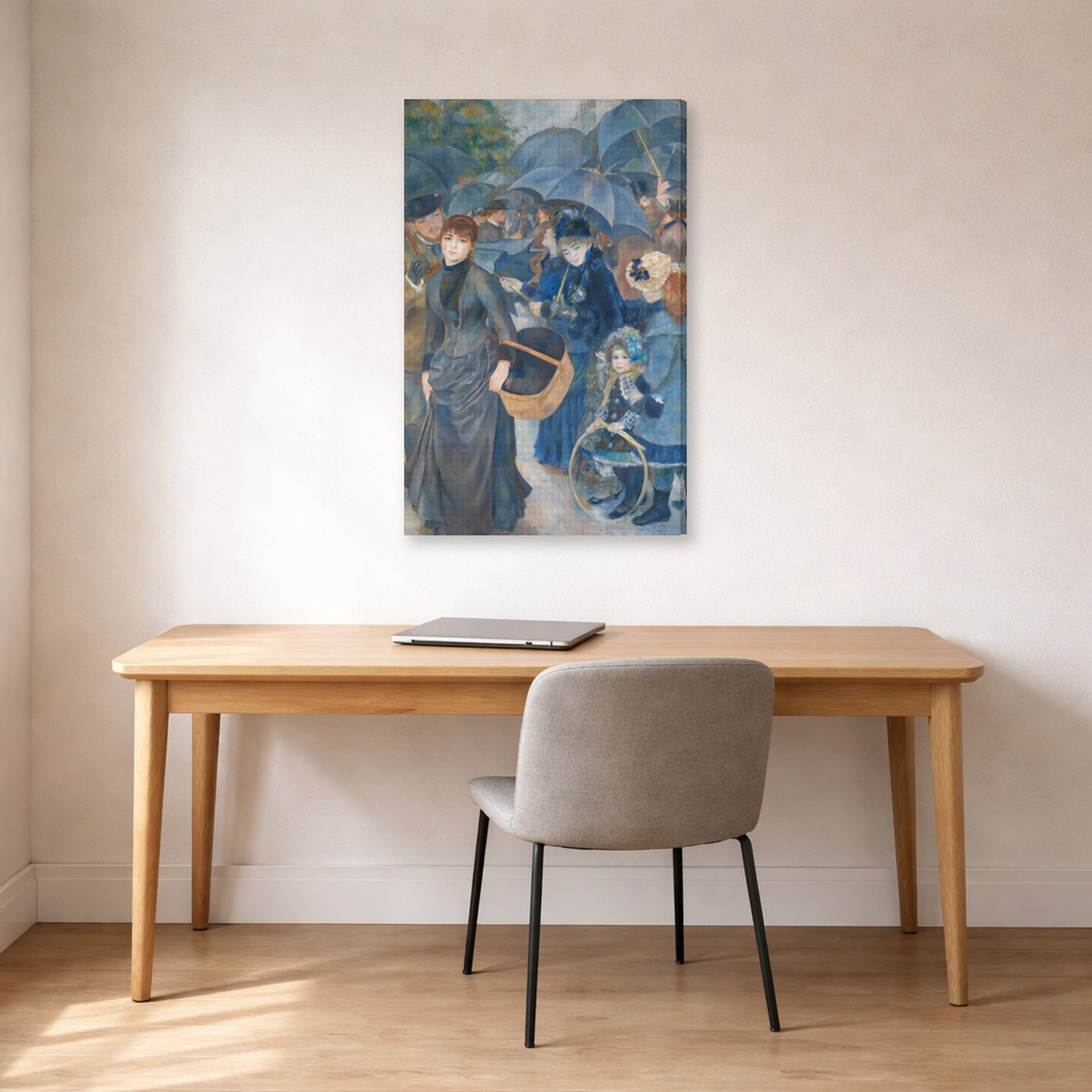 Gallery-wrapped canvas print of Pierre-Auguste Renoir's The Umbrellas displayed on a wall in an office