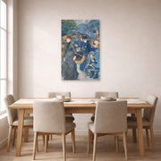 Unframed poster print of Pierre-Auguste Renoir's The Umbrellas displayed on a wall in a dining room