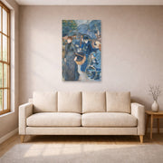 Unframed poster print of Pierre-Auguste Renoir's The Umbrellas displayed on a wall in a living room