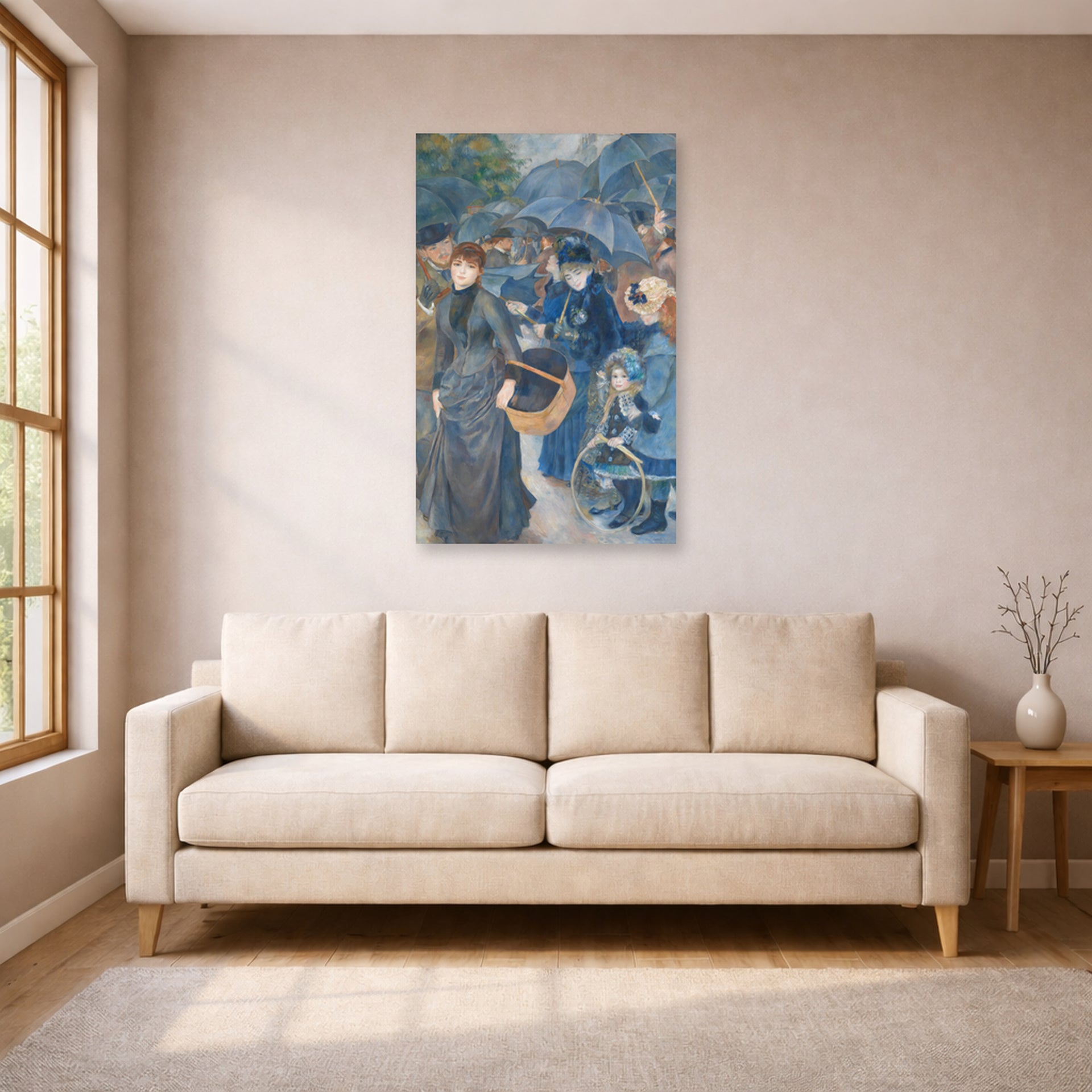 Unframed poster print of Pierre-Auguste Renoir's The Umbrellas displayed on a wall in a living room
