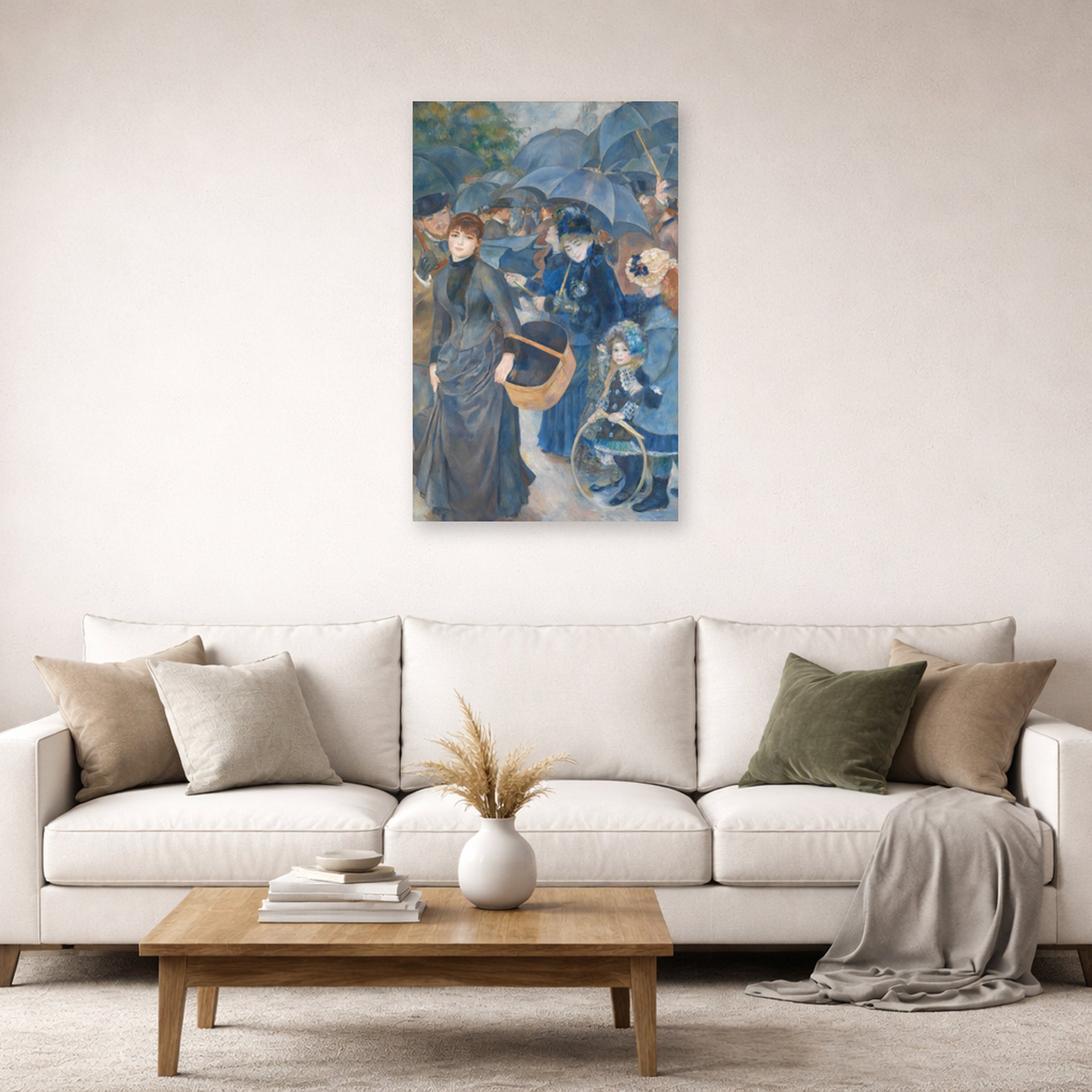 Unframed poster print of Pierre-Auguste Renoir's The Umbrellas displayed on a wall in a living room