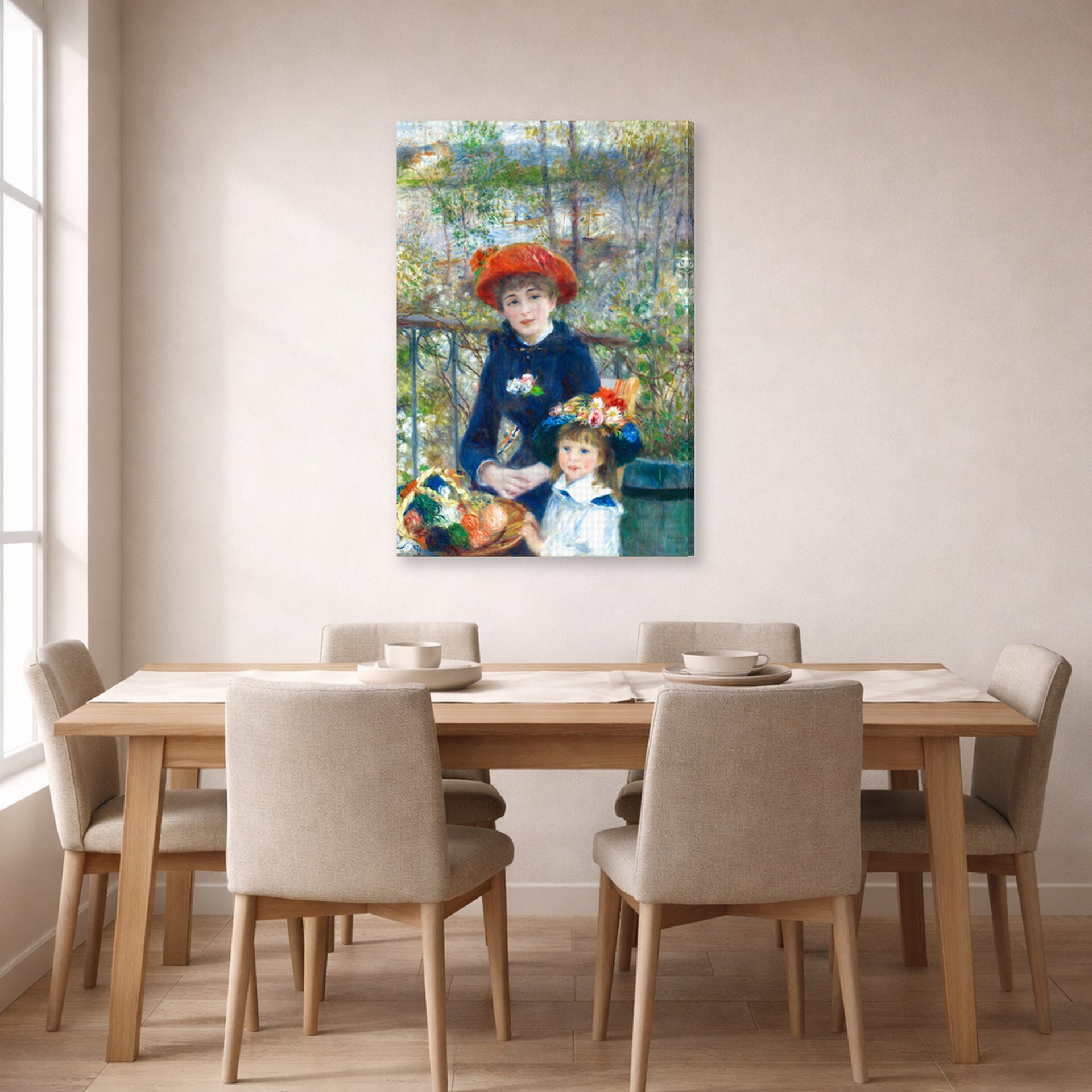 Gallery-wrapped canvas print of Pierre-Auguste Renoir's Two Sisters displayed on a wall in a dining room