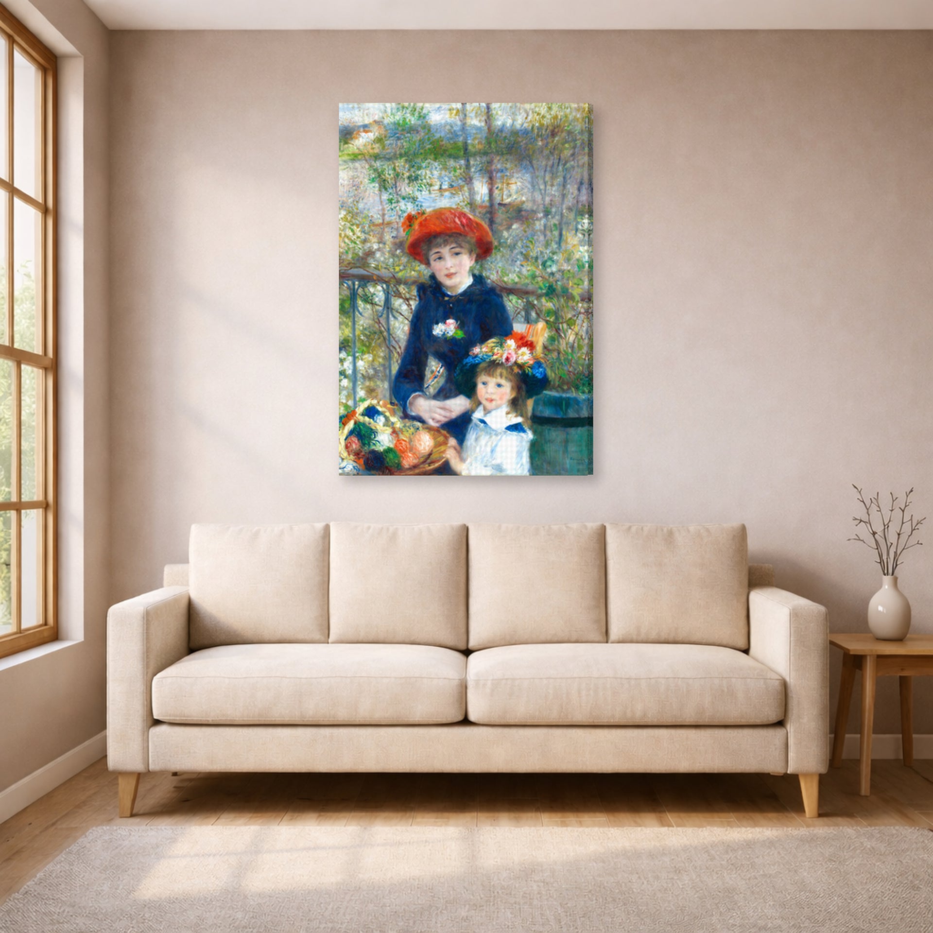 Gallery-wrapped canvas print of Pierre-Auguste Renoir's Two Sisters displayed on a wall in a living room