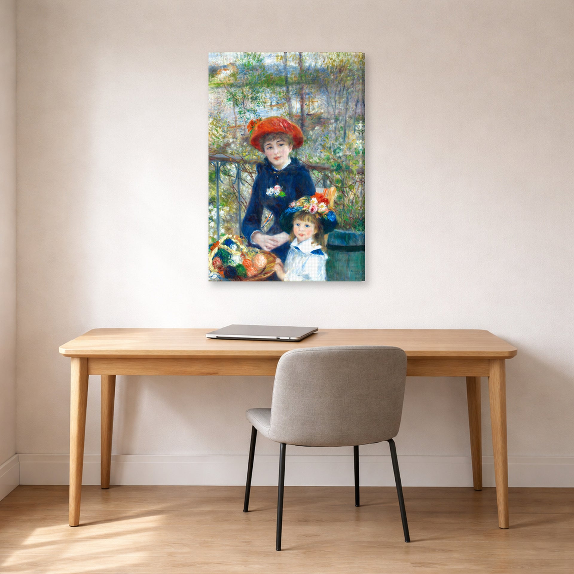 Gallery-wrapped canvas print of Pierre-Auguste Renoir's Two Sisters displayed on a wall in an office