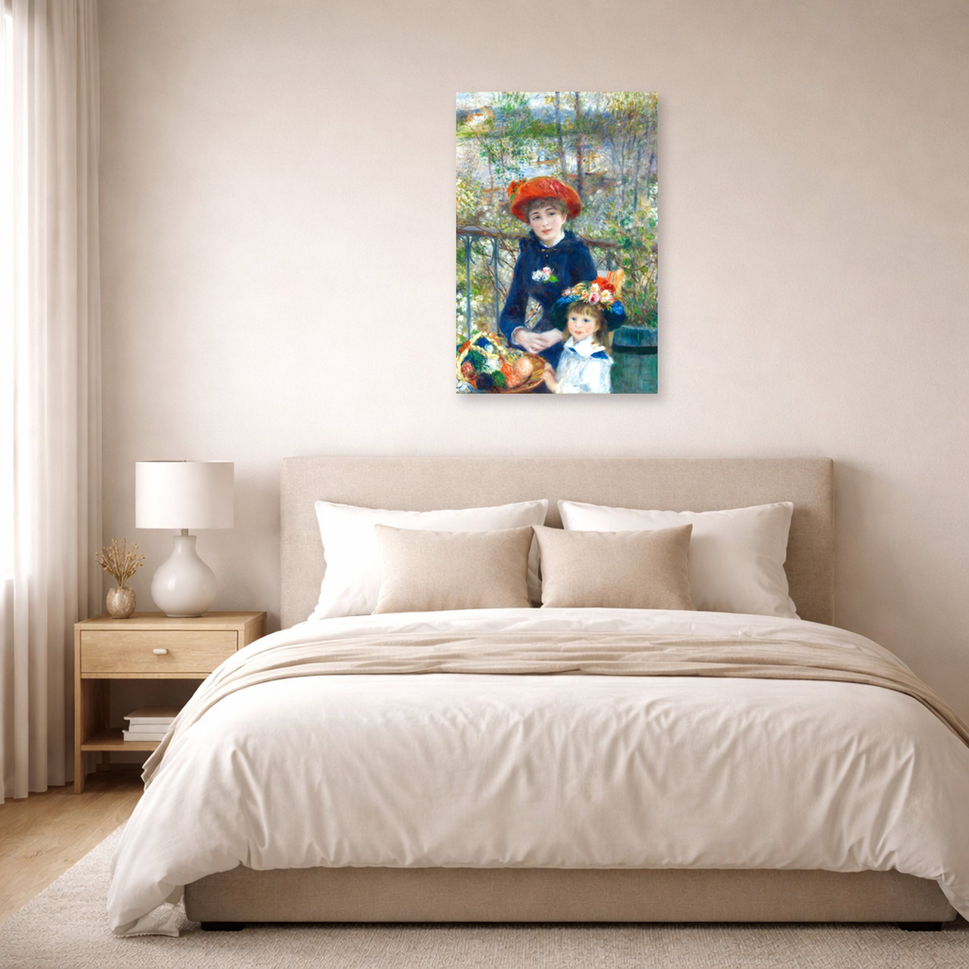 Unframed poster print of Pierre-Auguste Renoir's Two Sisters displayed on a wall in a bedroom