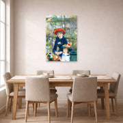 Unframed poster print of Pierre-Auguste Renoir's Two Sisters displayed on a wall in a dining room