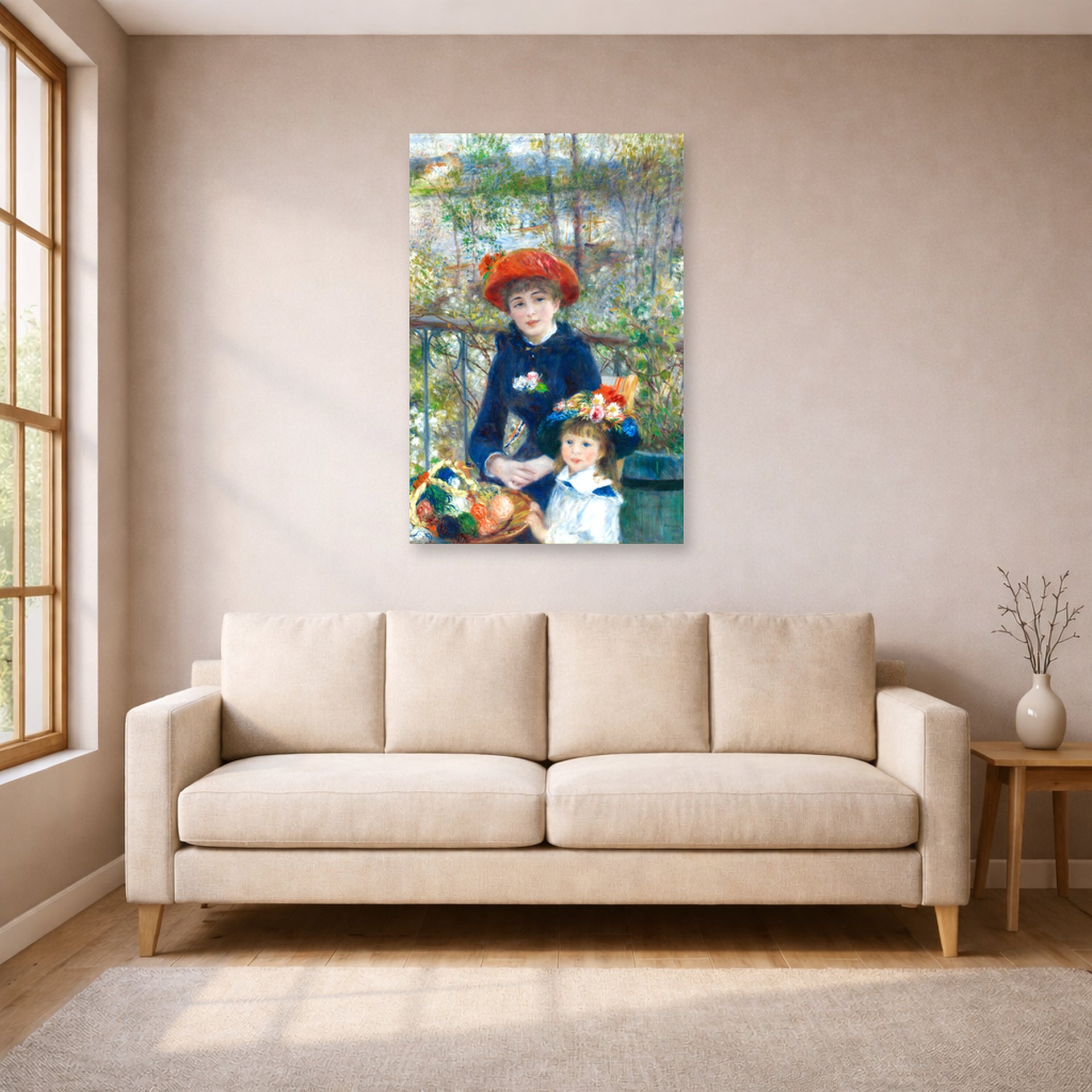 Unframed poster print of Pierre-Auguste Renoir's Two Sisters displayed on a wall in a living room