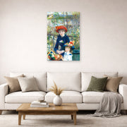 Unframed poster print of Pierre-Auguste Renoir's Two Sisters displayed on a wall in a living room