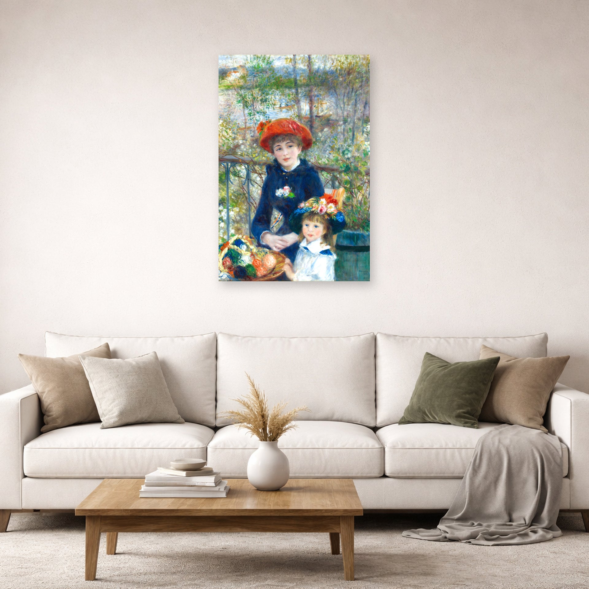 Unframed poster print of Pierre-Auguste Renoir's Two Sisters displayed on a wall in a living room