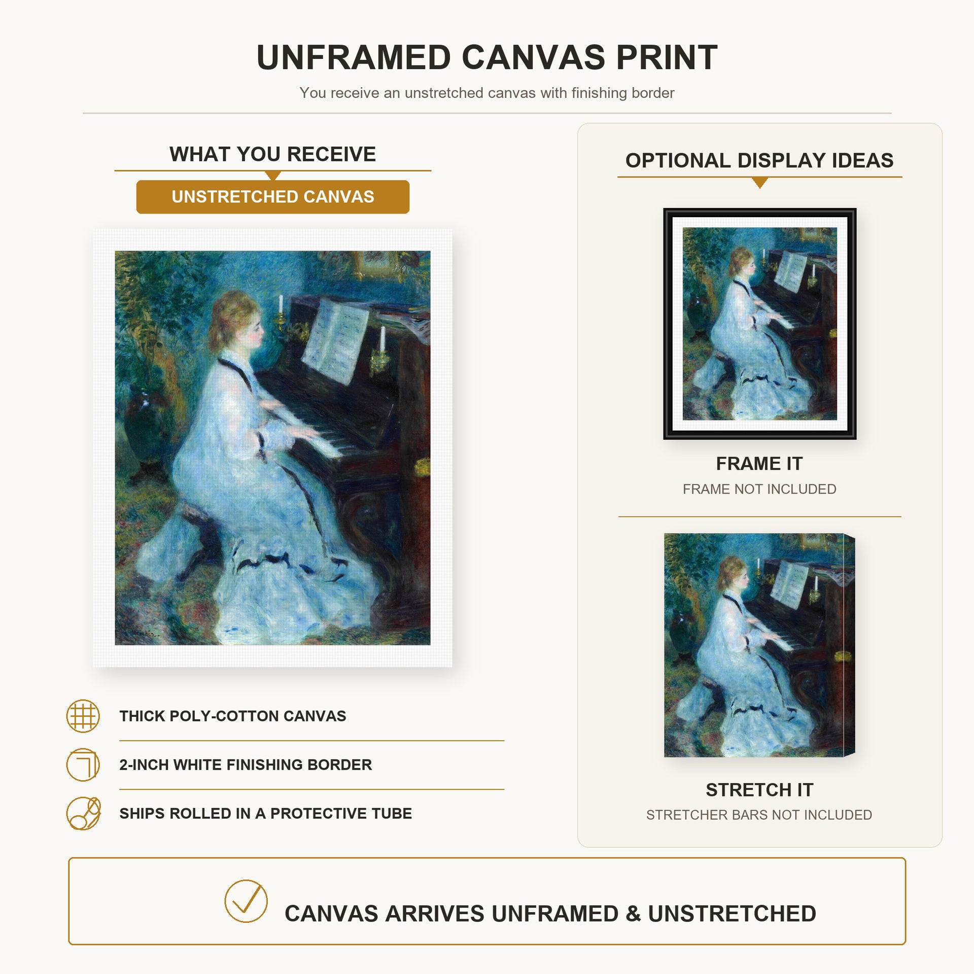 Pierre-Auguste Renoir - Woman at the Piano canvas print size comparison and framing display infographic